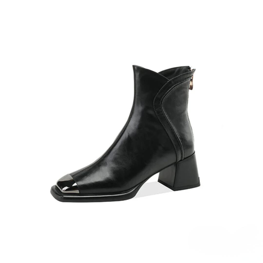 MAUREEN™ – Leather High Heel Ankle Boots with Elegant Cut and Gold Toe Detail