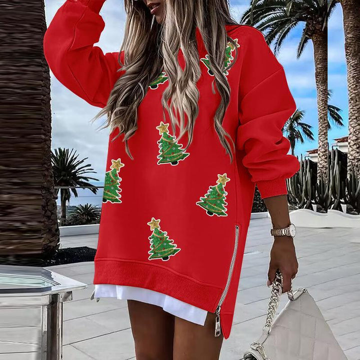 JULIA™ - Festive Christmas Tree Pattern Pullover with Zipper Slit